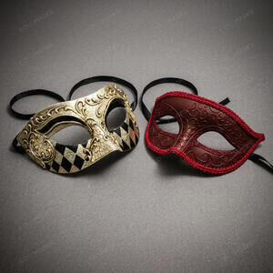 Boutique Men's and Women's Masquerade Mask Silver Black Harlequin and Burgundy